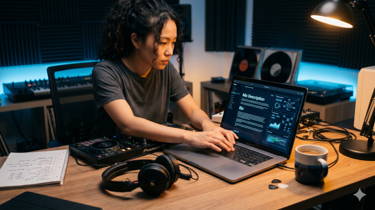Use AI to effortlessly write compelling descriptions for your mixes, engaging bios for your profiles, and captivating narratives for your brand.
